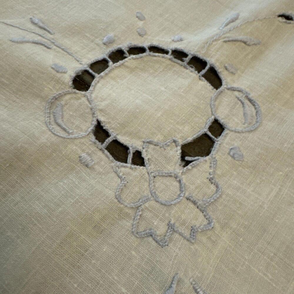 Vintage White/Blue Floral Embroidered Square Cotton Table Cloth 29"x32" - Picture 2 of 6